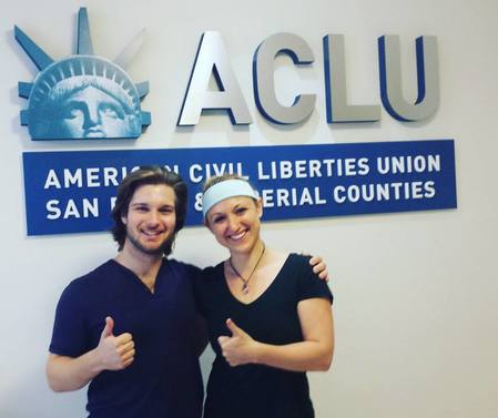 Sam Wisotsky and Erin Madsen chair massage at ACLU
